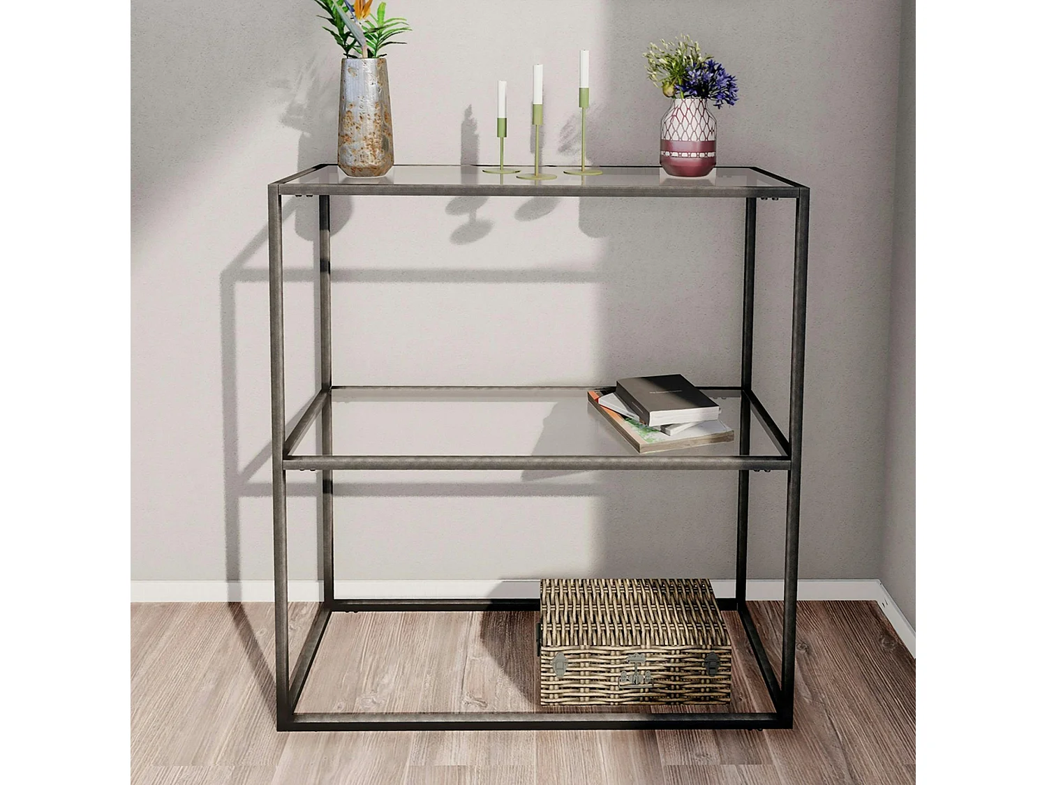 Console d'entrée en métal noir - 2 plateaux verre JENA