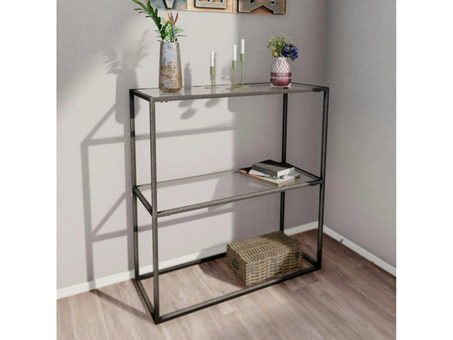 Console d'entrée en métal noir - 2 plateaux verre JENA