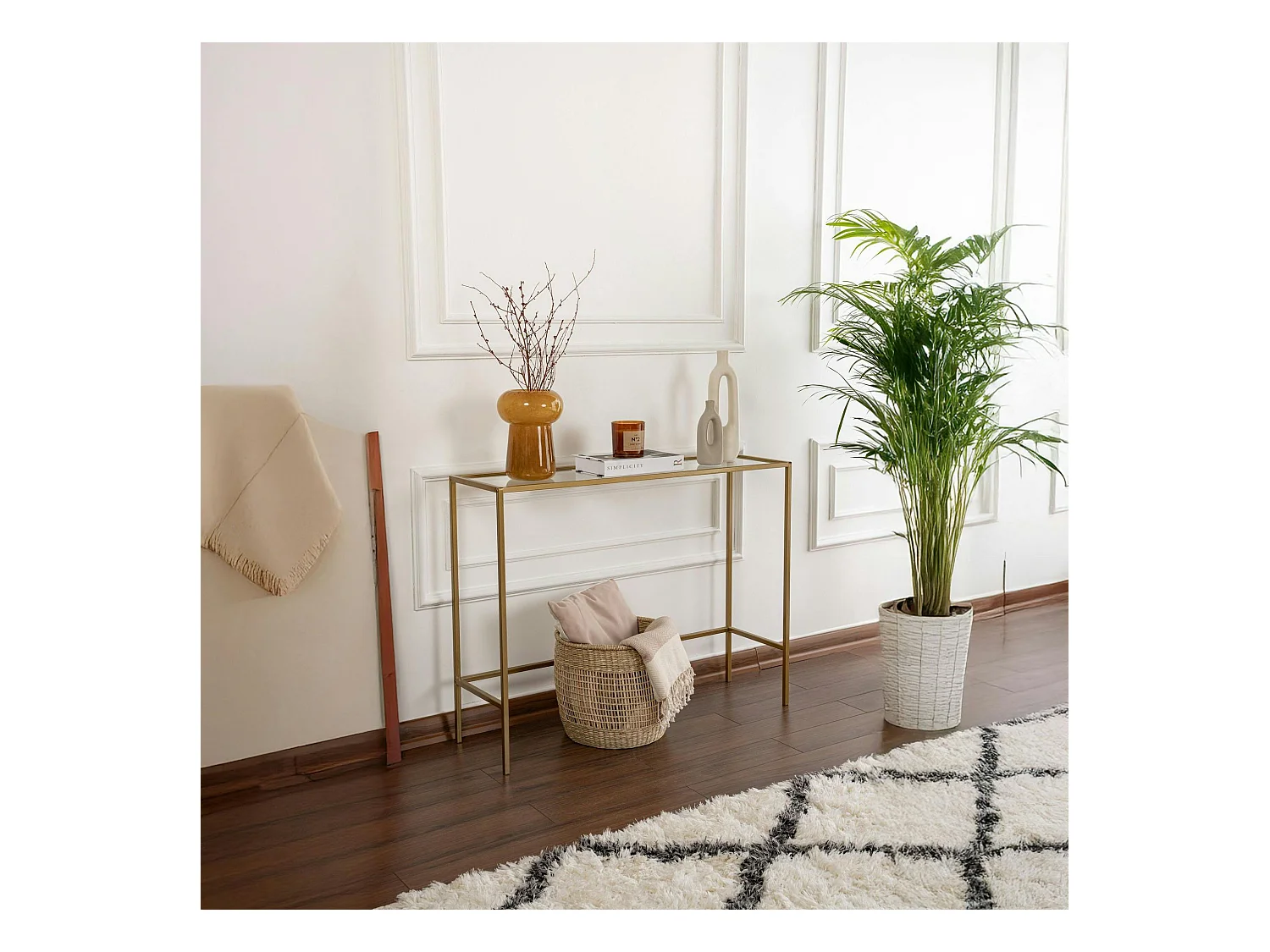 Console d'entrée design en verre et métal doré TULUM