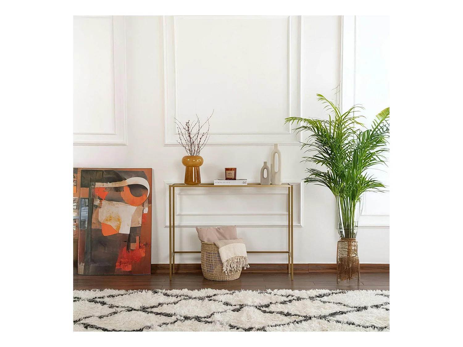 Console d'entrée design en verre et métal doré TULUM