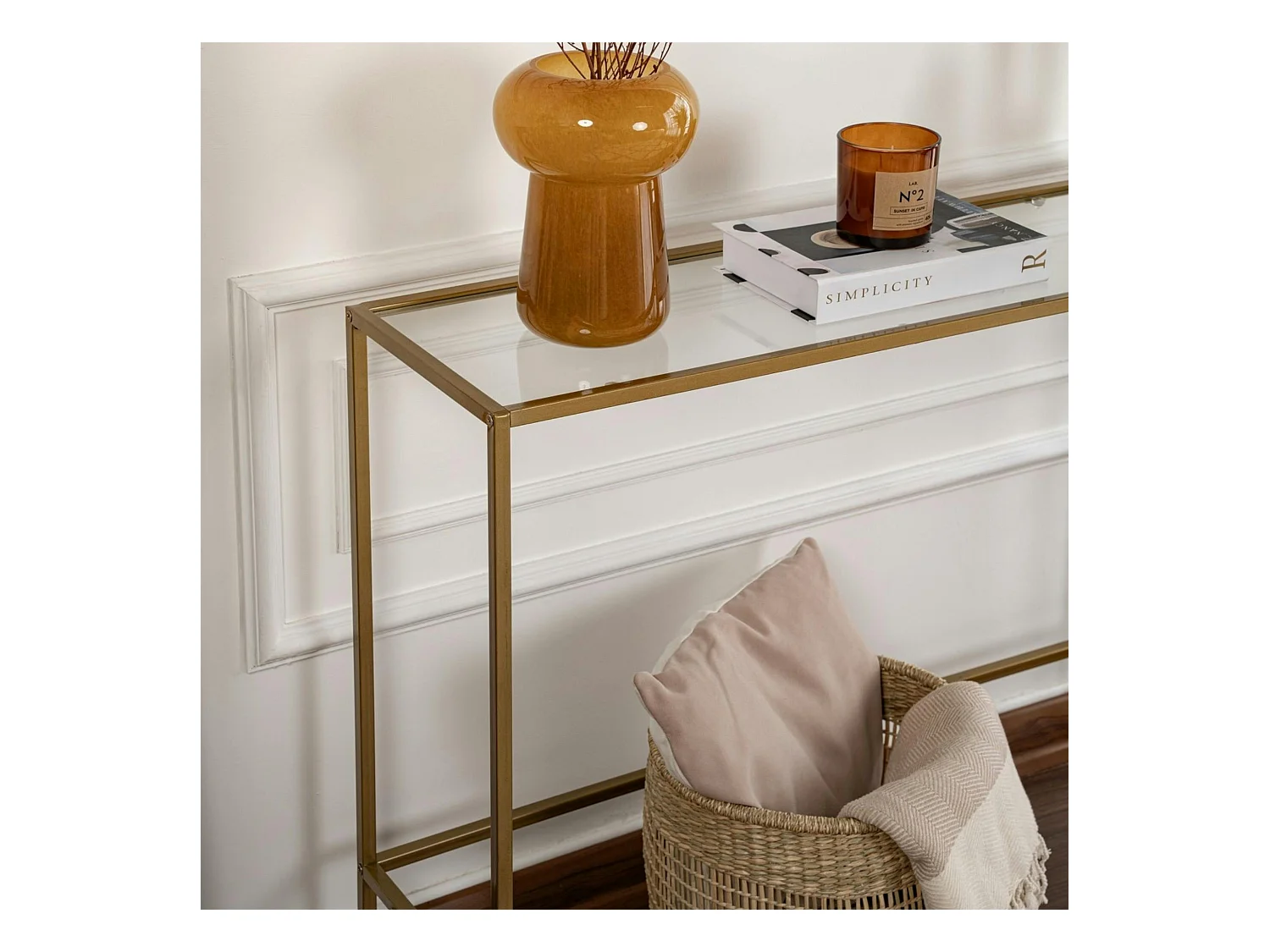 Console d'entrée design en verre et métal doré TULUM