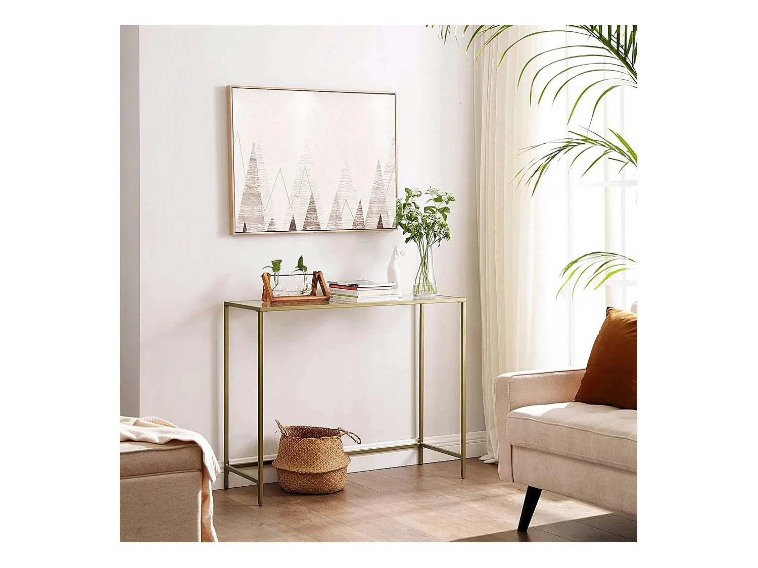 Console d'entrée design en verre et métal doré TULUM