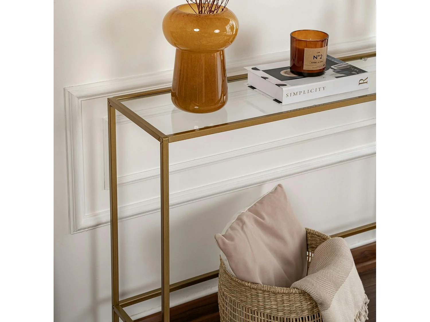 Console d'entrée design en verre et métal doré TULUM