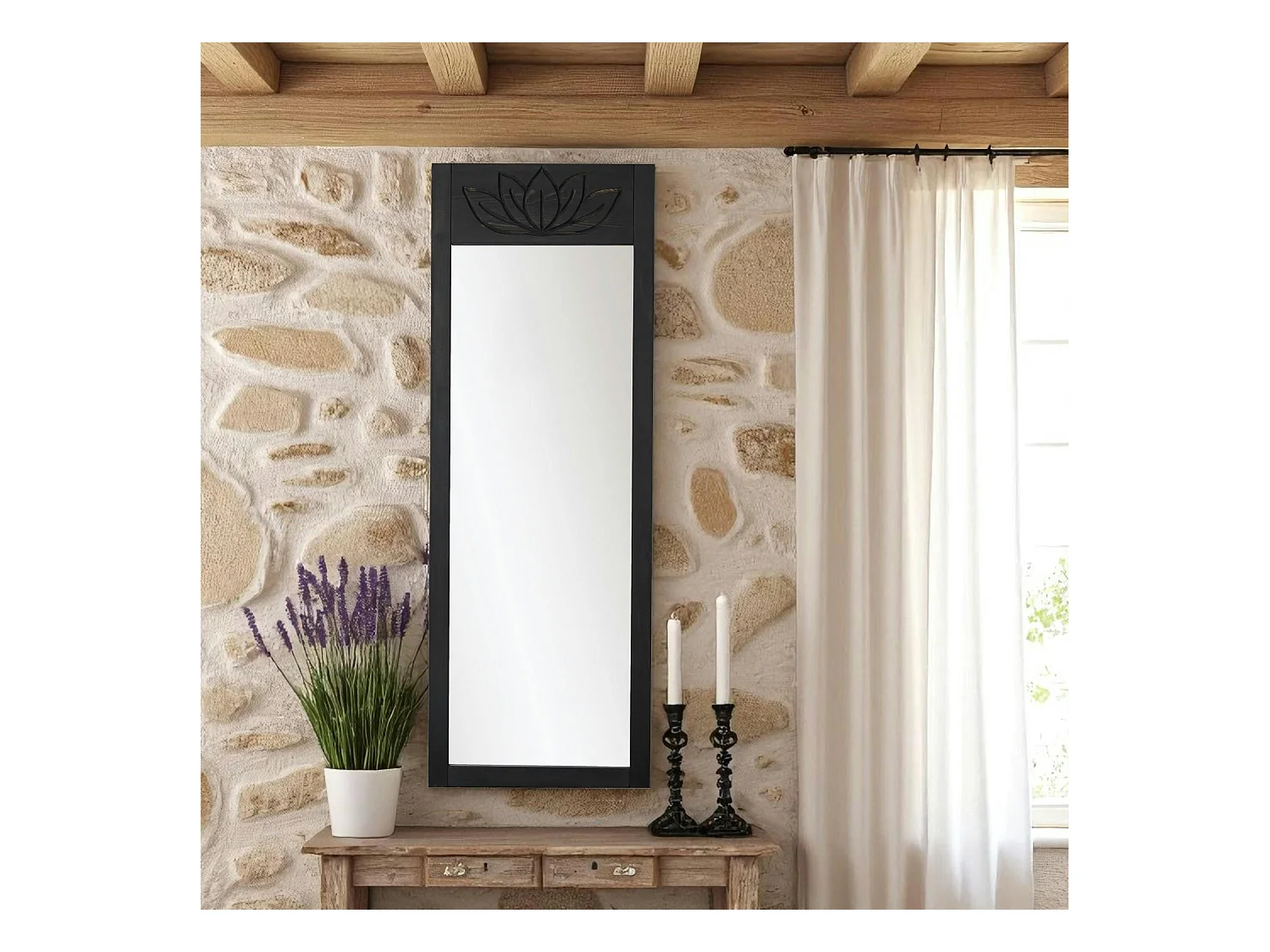 Miroir vertical en bois gris foncé - motif lotus HILO