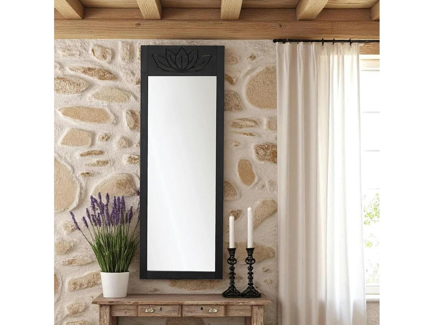 Miroir vertical en bois gris foncé - motif lotus HILO
