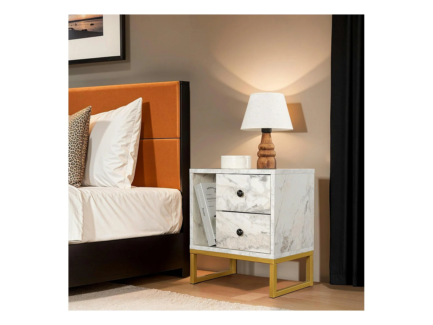 Table de nuit 2 tiroirs - effet marbre, pieds dorés JENA