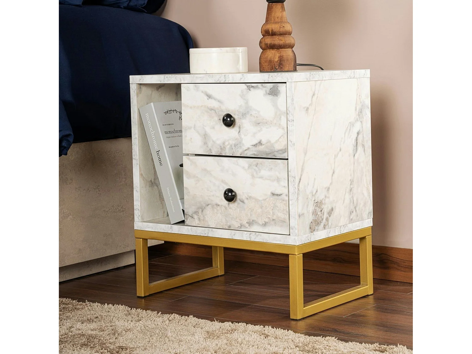 Table de nuit 2 tiroirs - effet marbre, pieds dorés JENA