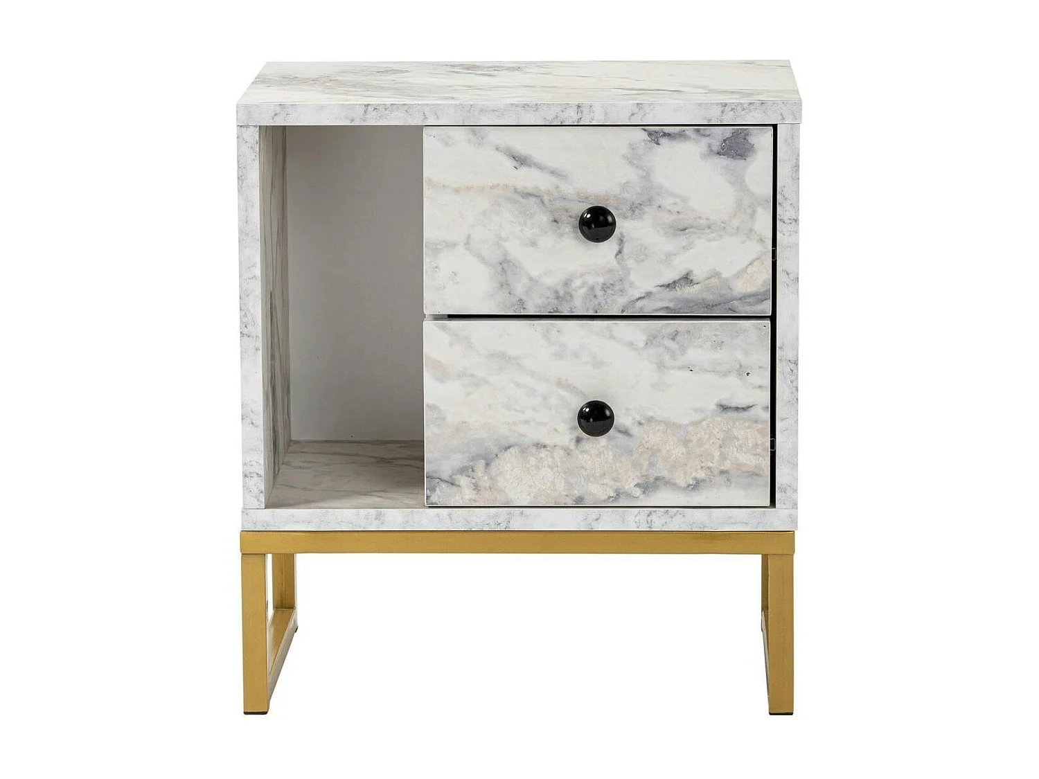 Table de nuit 2 tiroirs - effet marbre, pieds dorés JENA