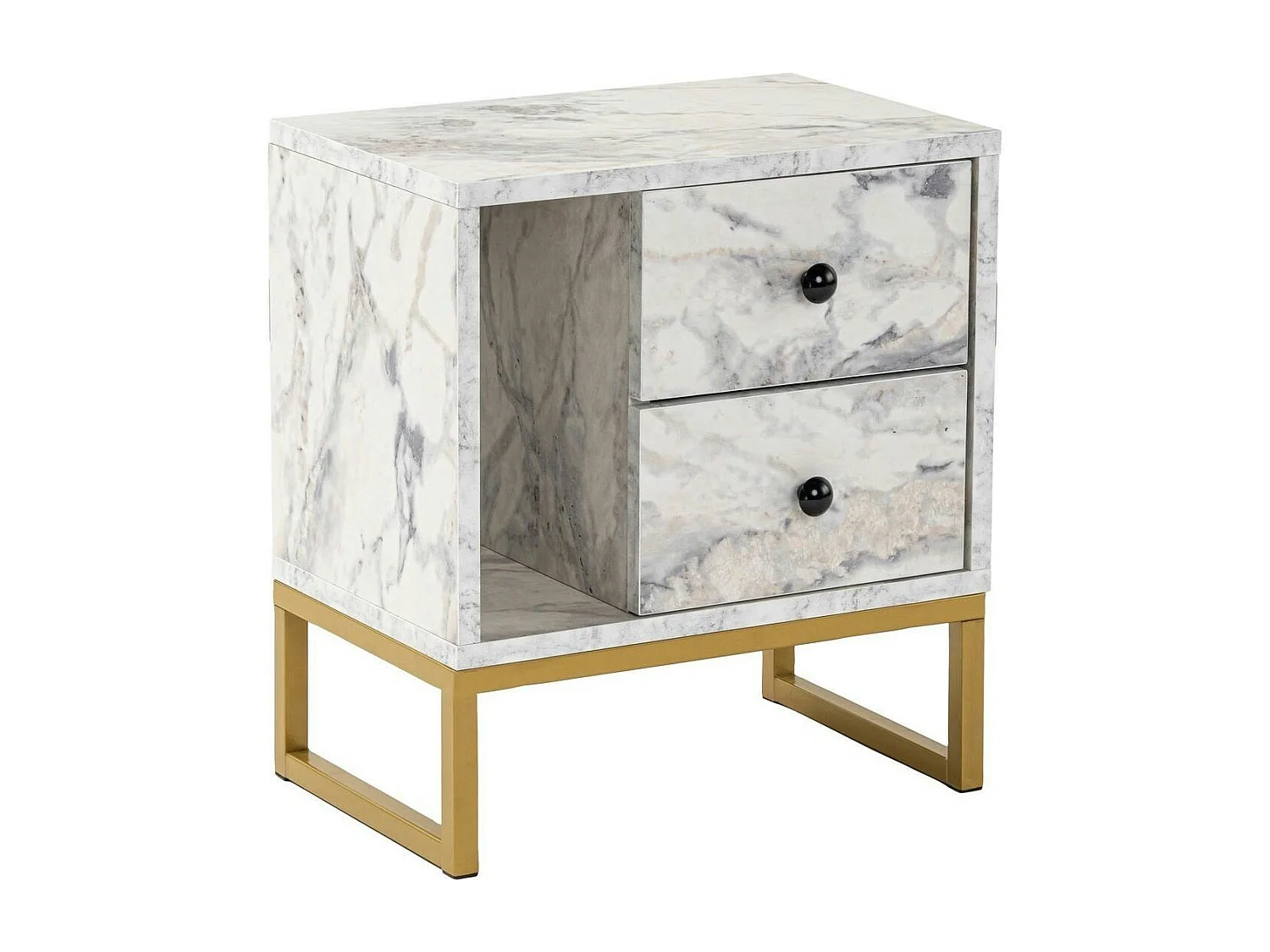 Table de nuit 2 tiroirs - effet marbre, pieds dorés JENA