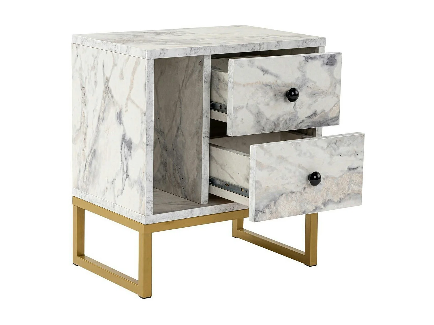 Table de nuit 2 tiroirs - effet marbre, pieds dorés JENA
