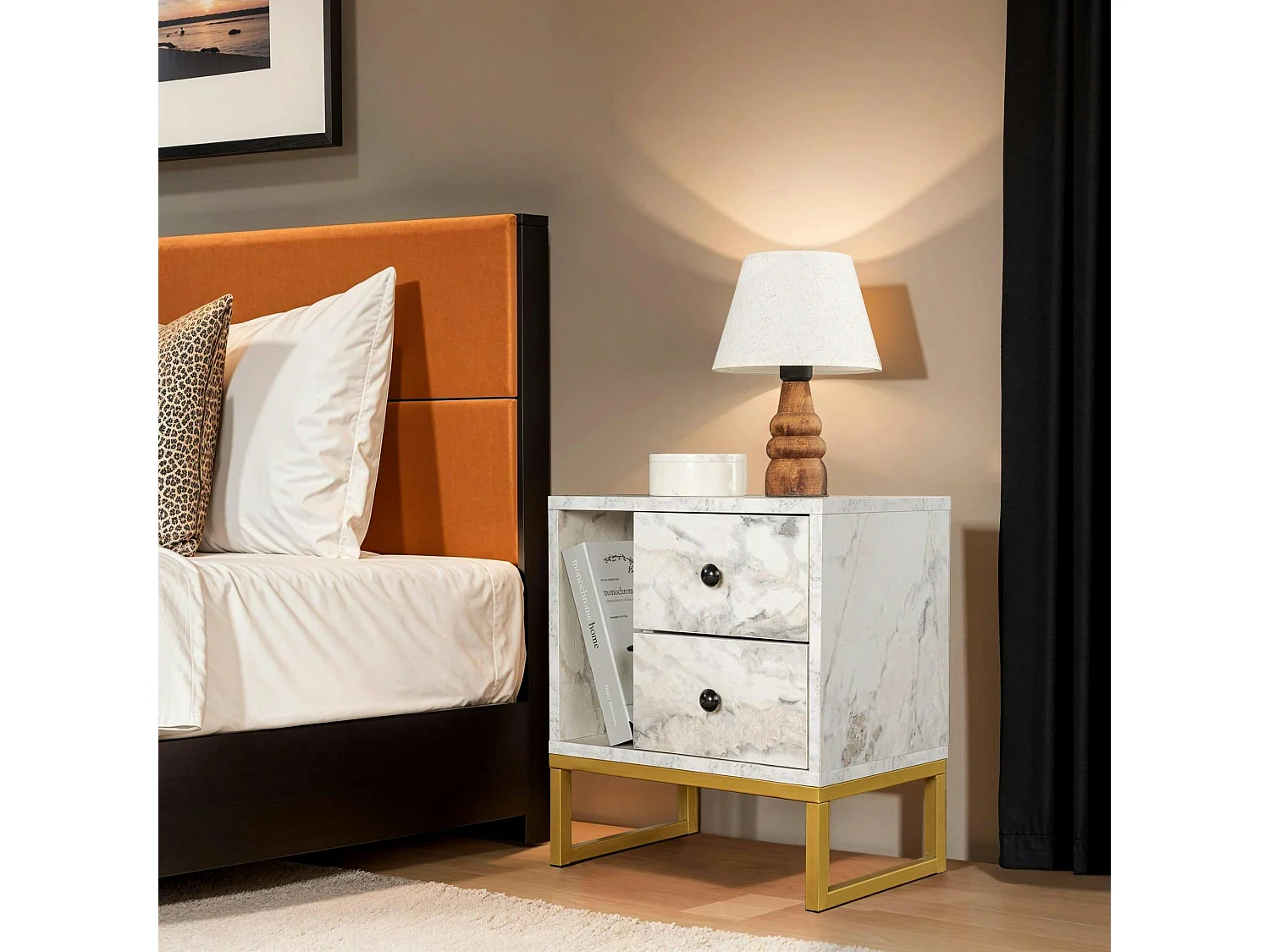 Table de nuit 2 tiroirs - effet marbre, pieds dorés JENA