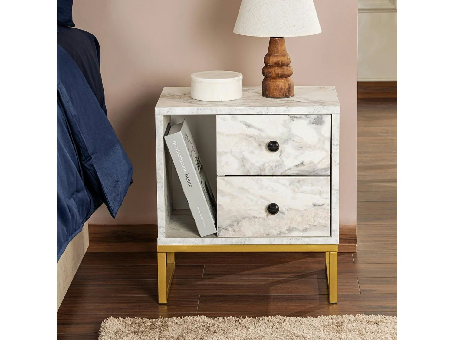 Table de nuit 2 tiroirs - effet marbre, pieds dorés JENA