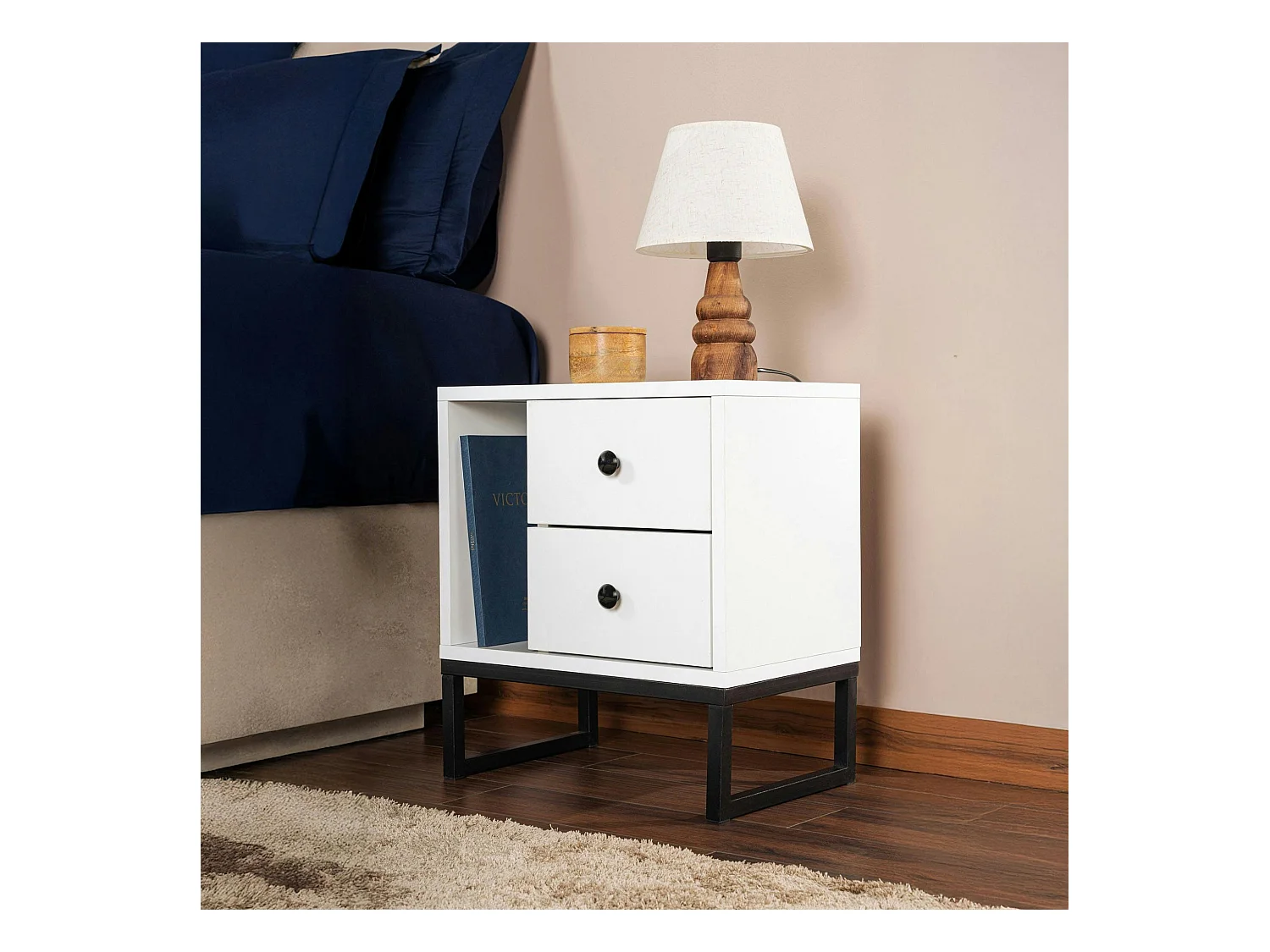 Table de nuit blanche effet laque - 2 tiroirs, 1 niche JENA