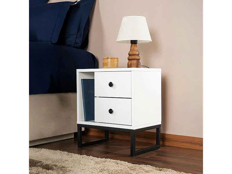 Table de nuit blanche effet laque - 2 tiroirs, 1 niche JENA