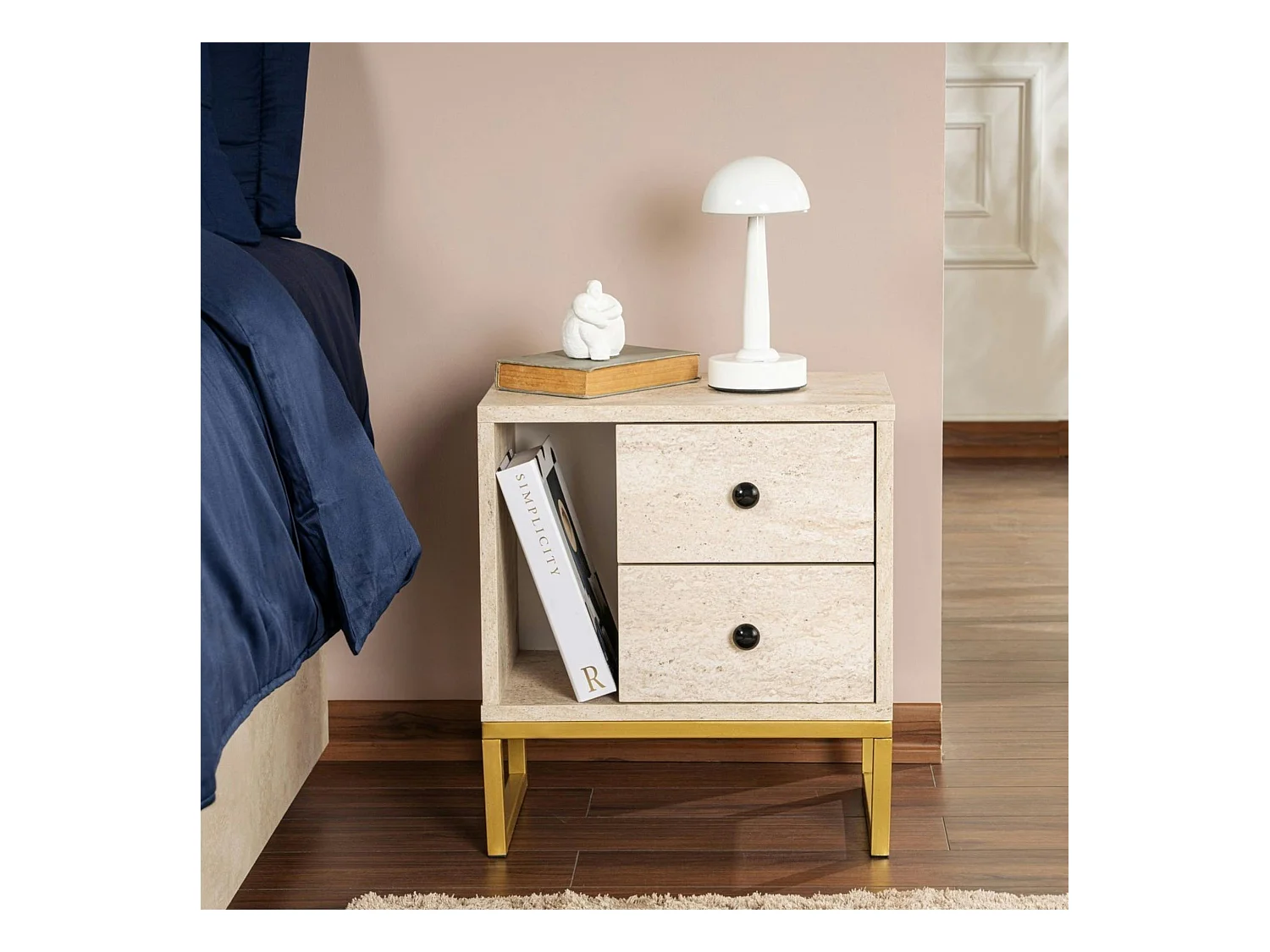 Table de nuit 2 tiroirs, 1 niche - effet travertin JENA
