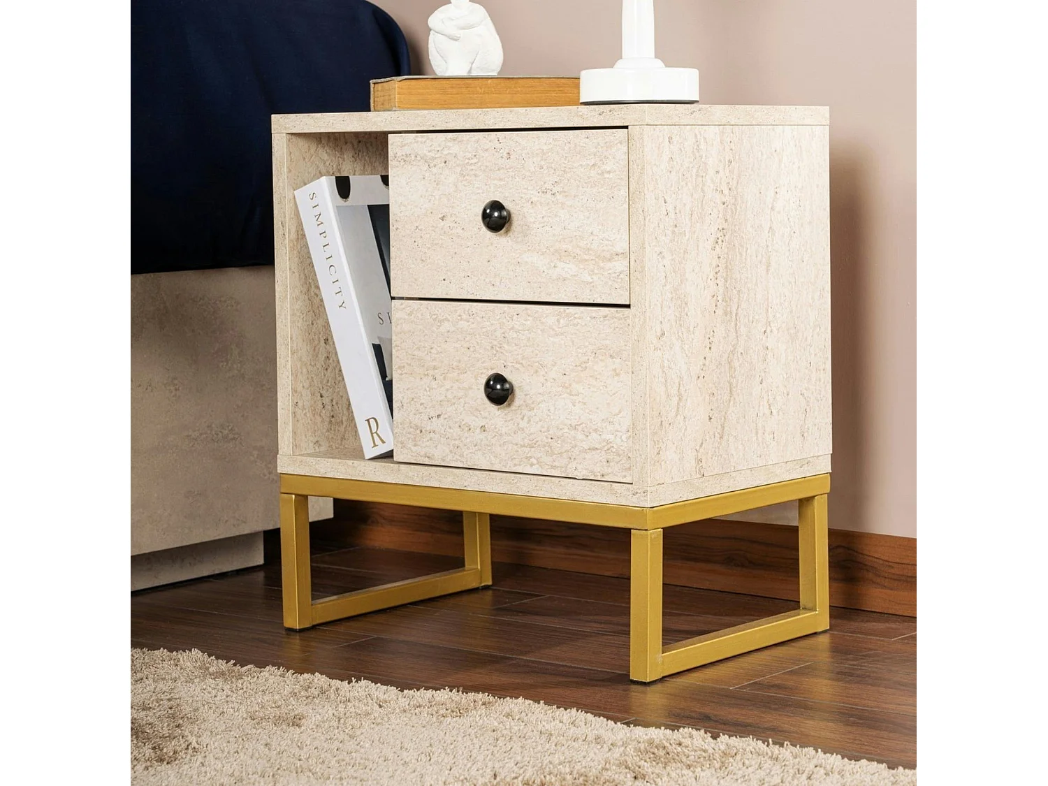 Table de nuit 2 tiroirs, 1 niche - effet travertin JENA