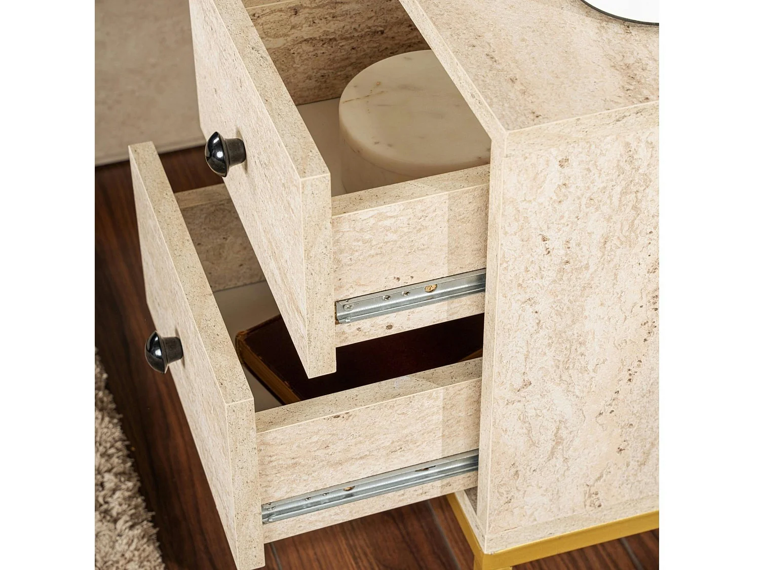 Table de nuit 2 tiroirs, 1 niche - effet travertin JENA