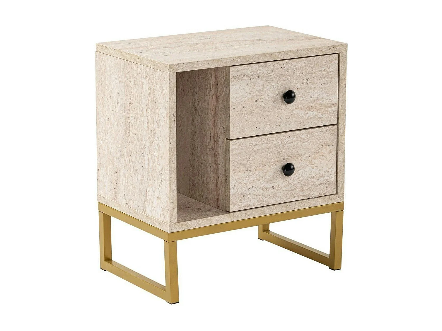 Table de nuit 2 tiroirs, 1 niche - effet travertin JENA