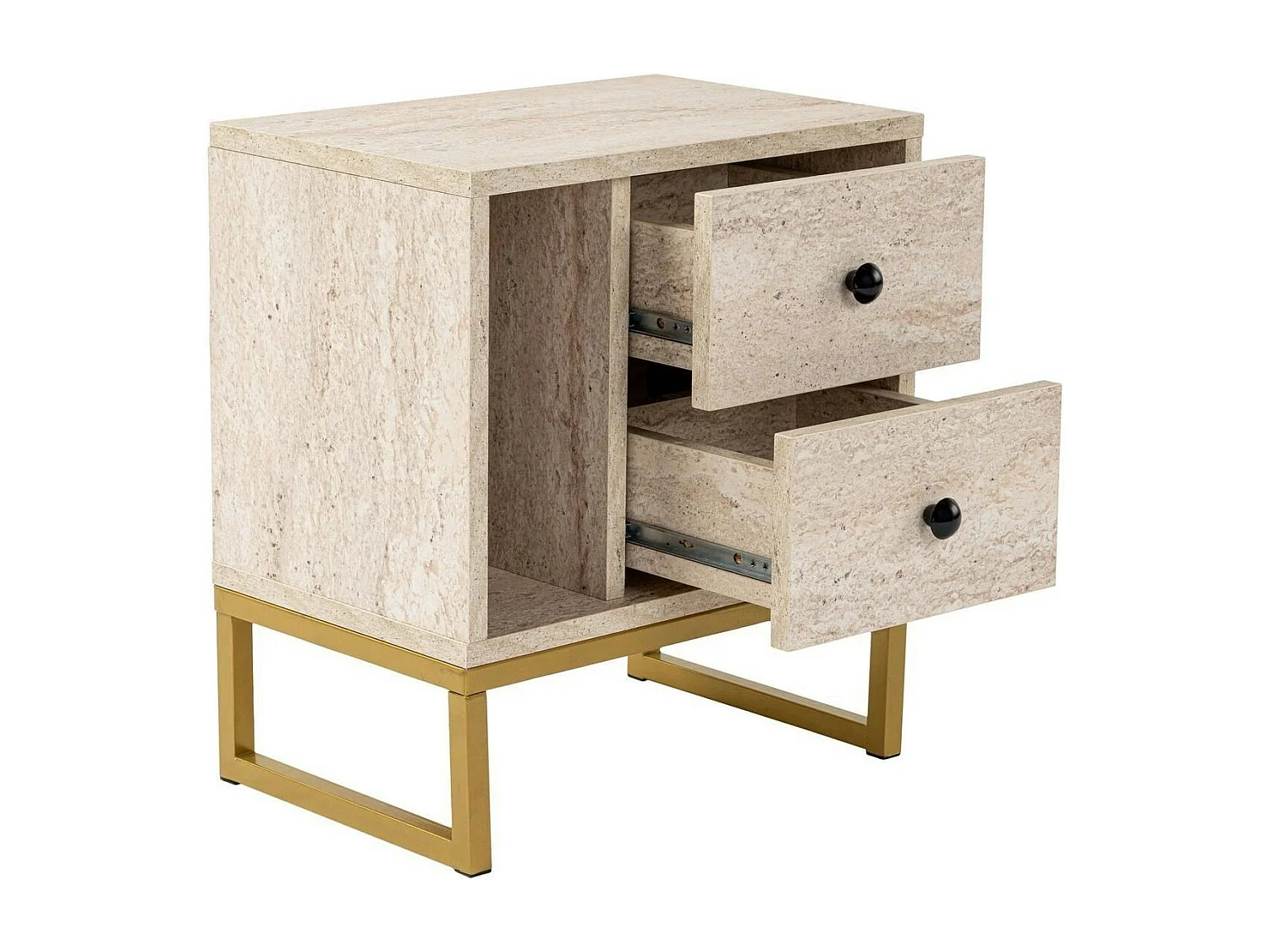 Table de nuit 2 tiroirs, 1 niche - effet travertin JENA