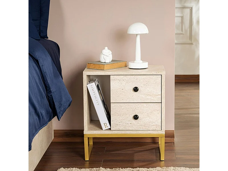 Table de nuit 2 tiroirs, 1 niche - effet travertin JENA