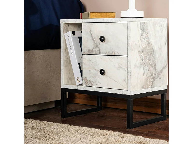 Table de nuit 2 tiroirs 1 niche, effet marbre blanc JENA