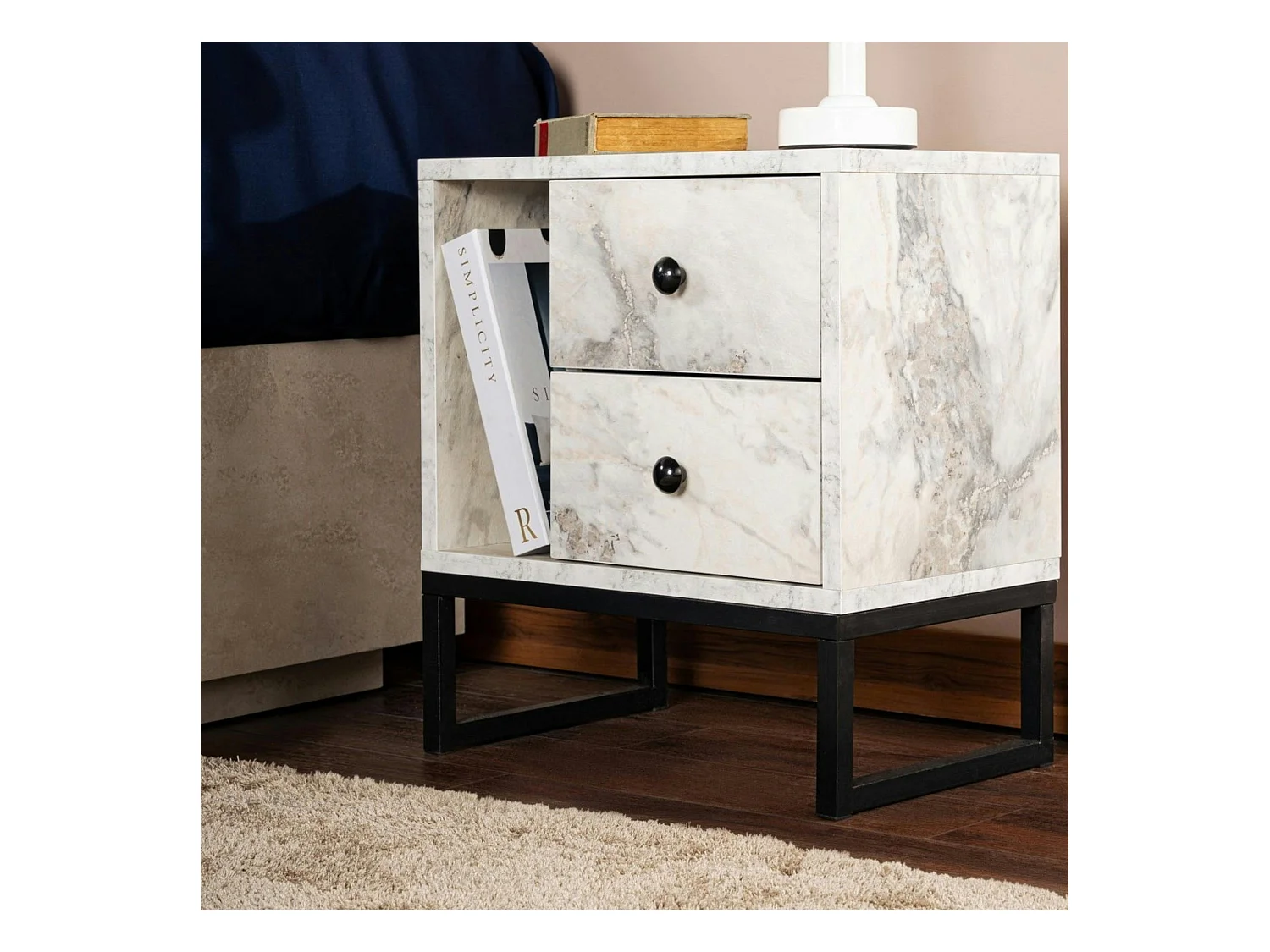 Table de nuit 2 tiroirs 1 niche, effet marbre blanc JENA