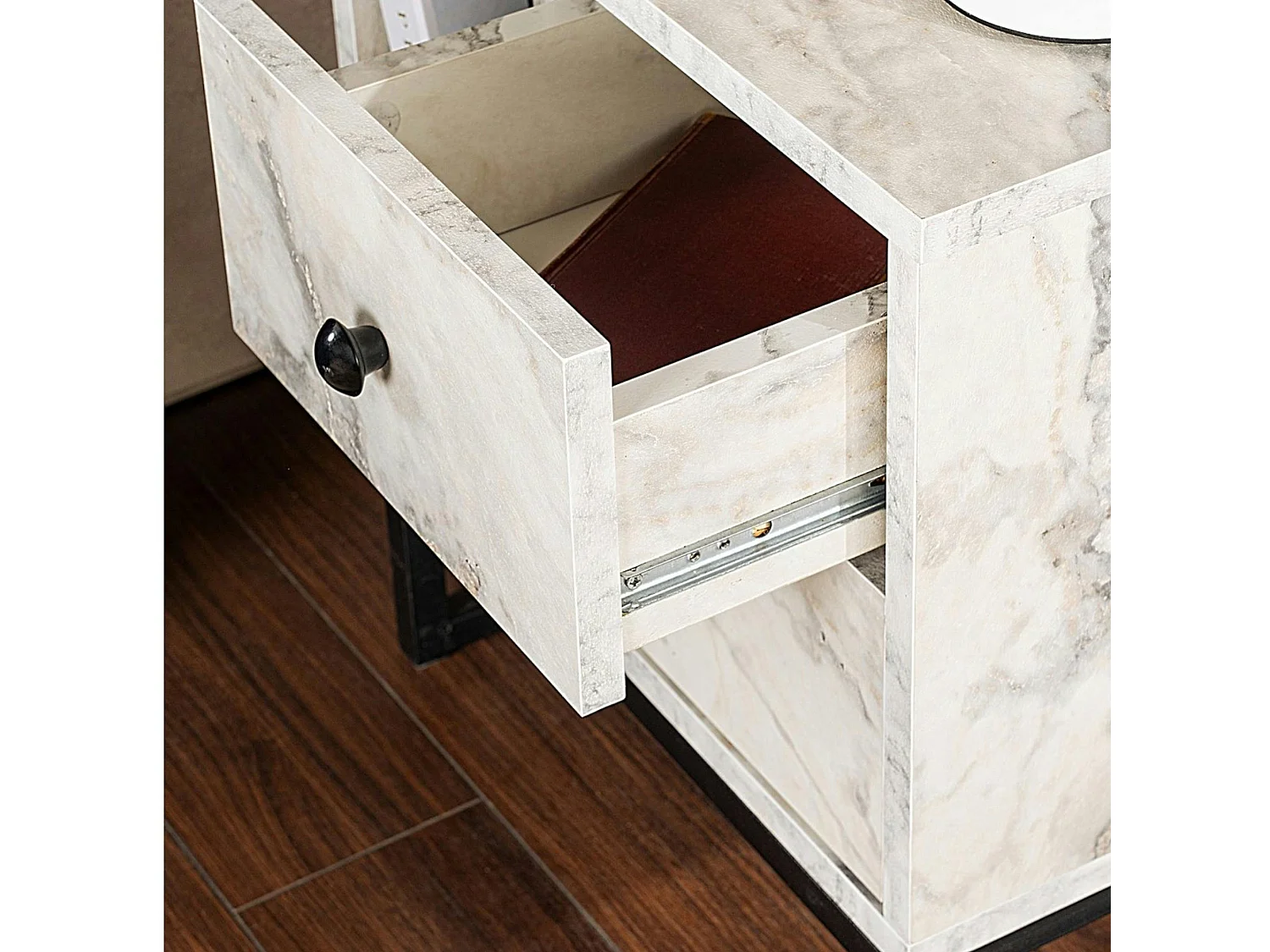 Table de nuit 2 tiroirs 1 niche, effet marbre blanc JENA