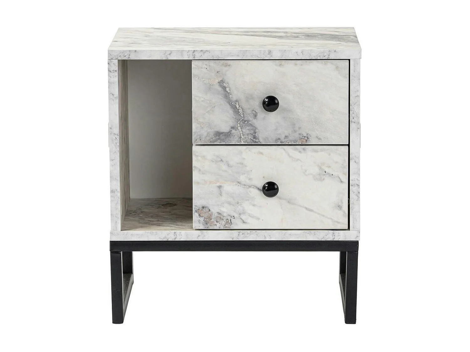 Table de nuit 2 tiroirs 1 niche, effet marbre blanc JENA