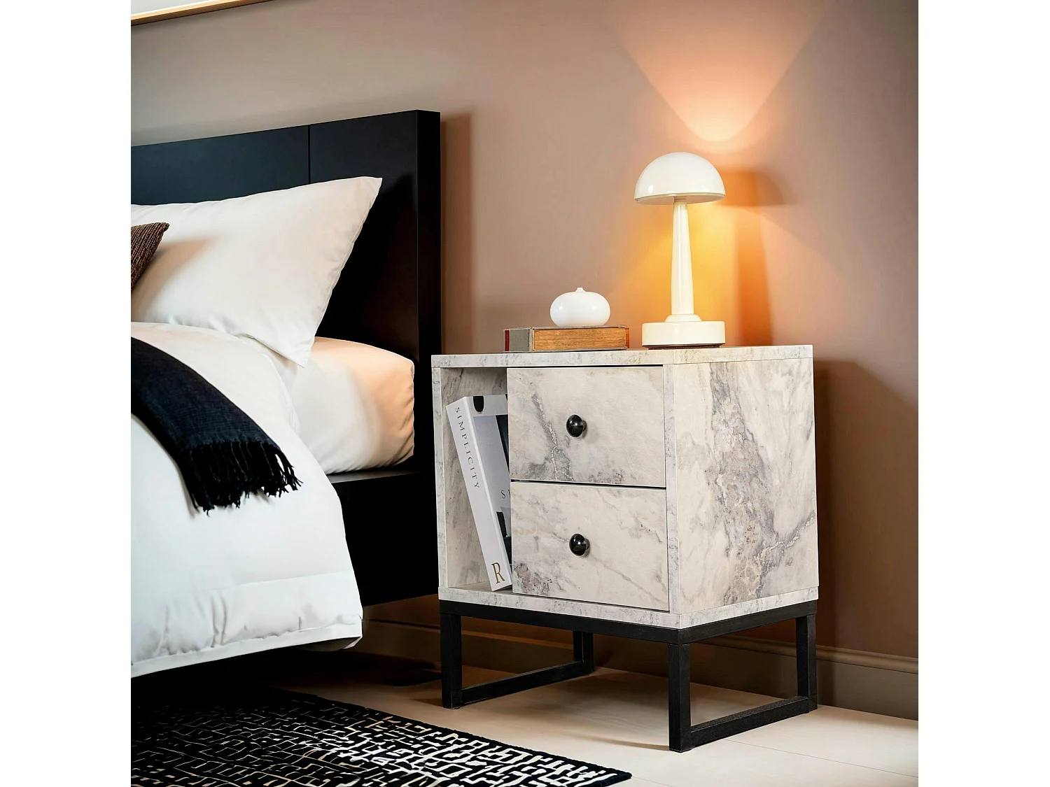 Table de nuit 2 tiroirs 1 niche, effet marbre blanc JENA