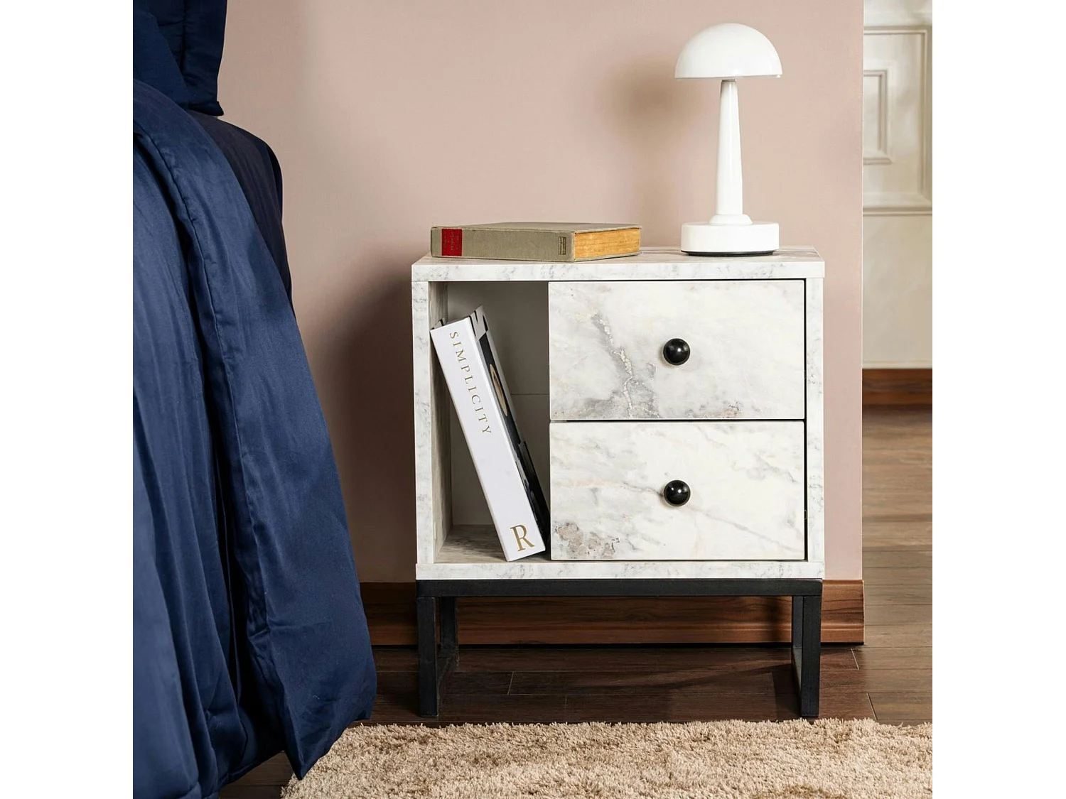 Table de nuit 2 tiroirs 1 niche, effet marbre blanc JENA