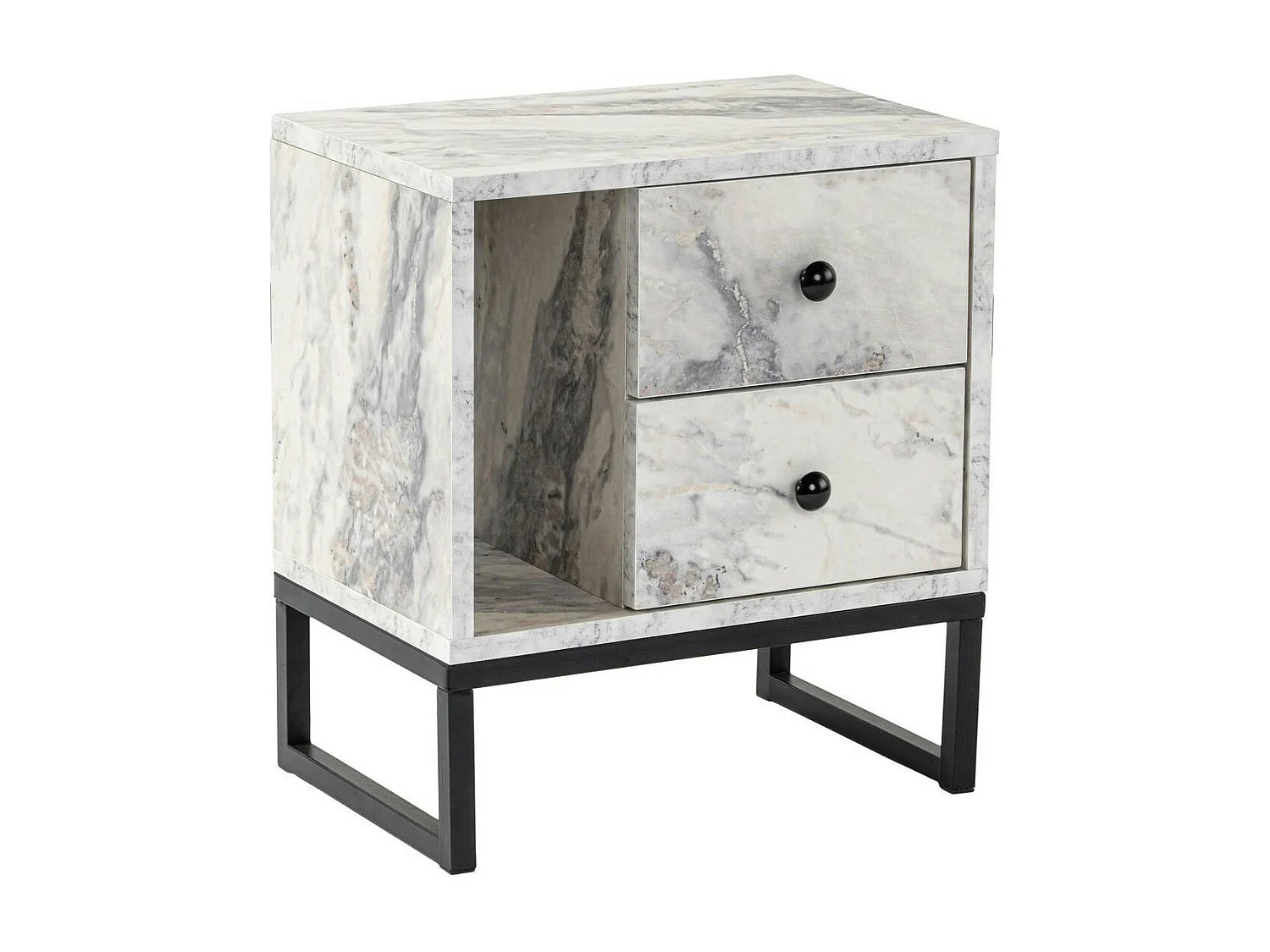Table de nuit 2 tiroirs 1 niche, effet marbre blanc JENA