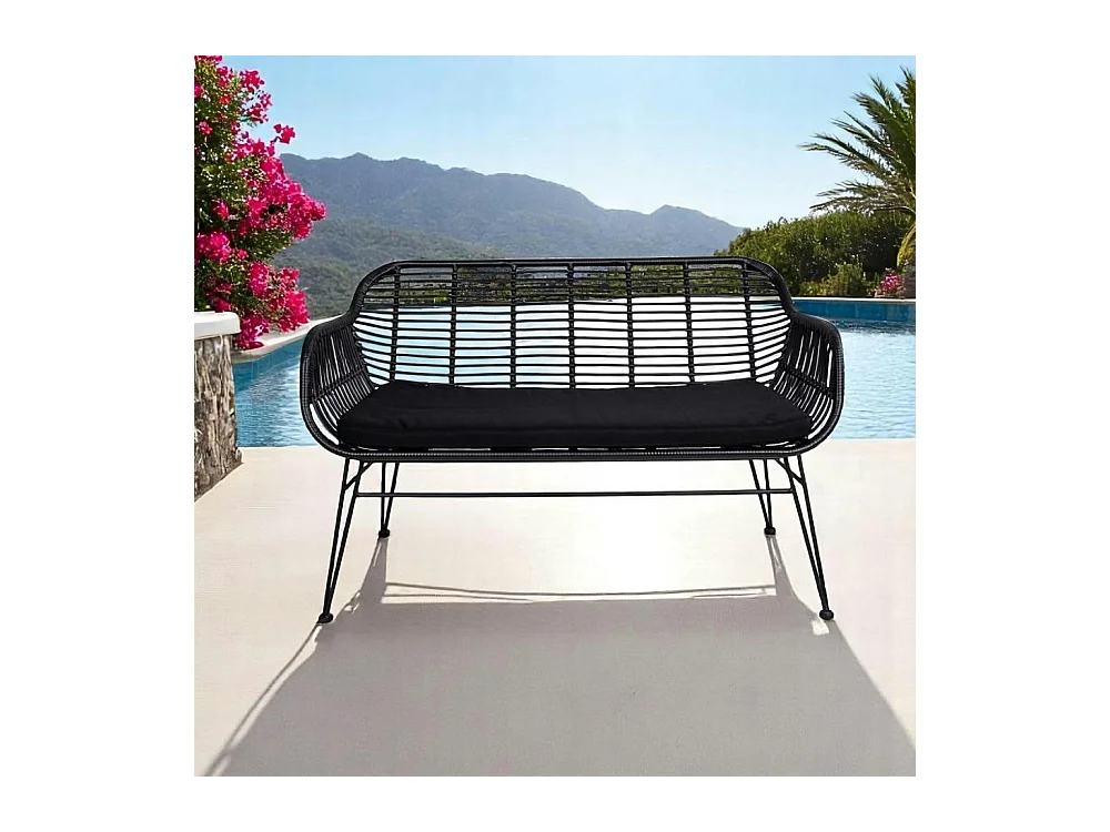 Canapé de jardin en résine tressée noire avec coussin d'assise noir IBIZA