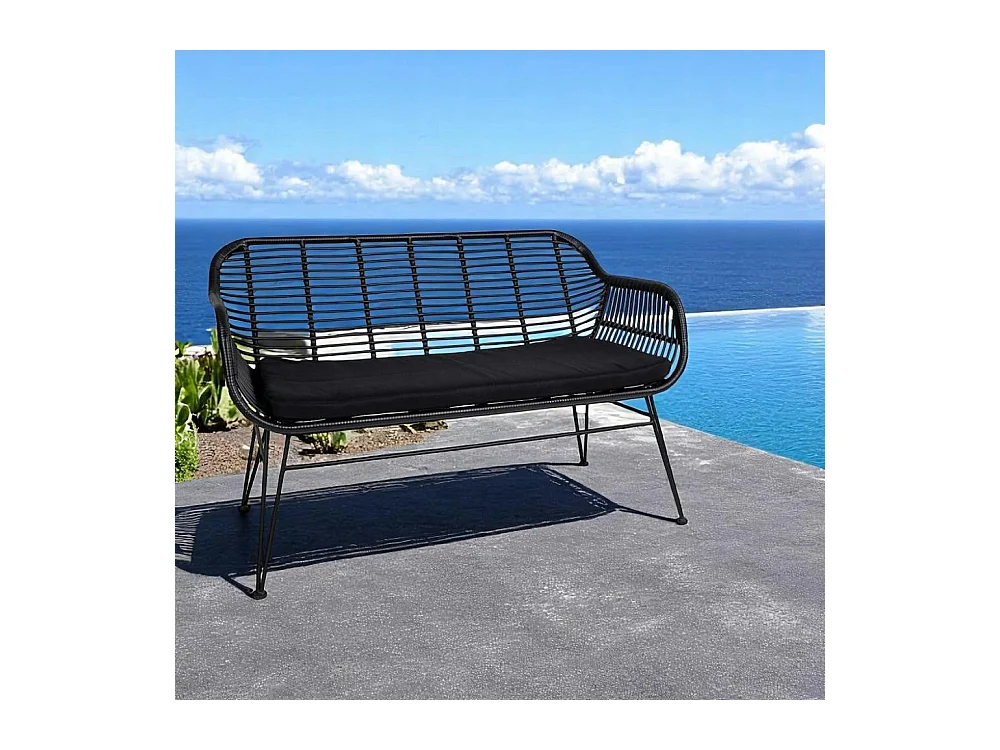 Canapé de jardin en résine tressée noire avec coussin d'assise noir IBIZA