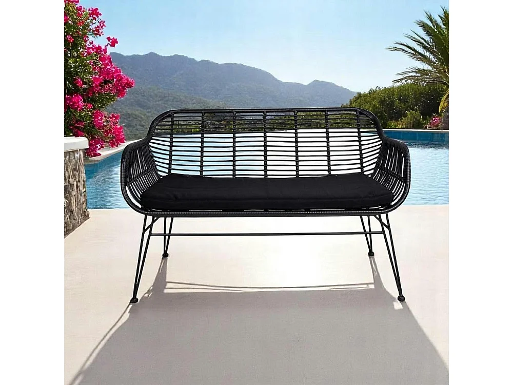 Canapé de jardin en résine tressée noire avec coussin d'assise noir IBIZA