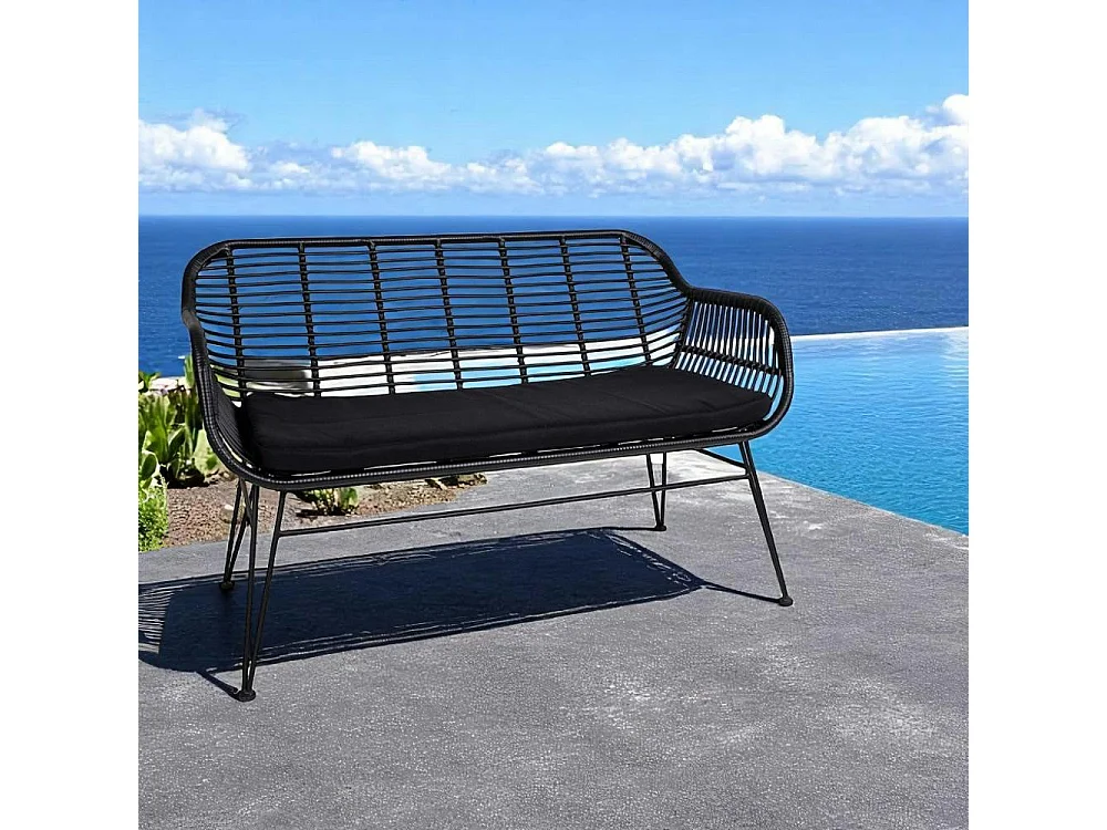 Canapé de jardin en résine tressée noire avec coussin d'assise noir IBIZA