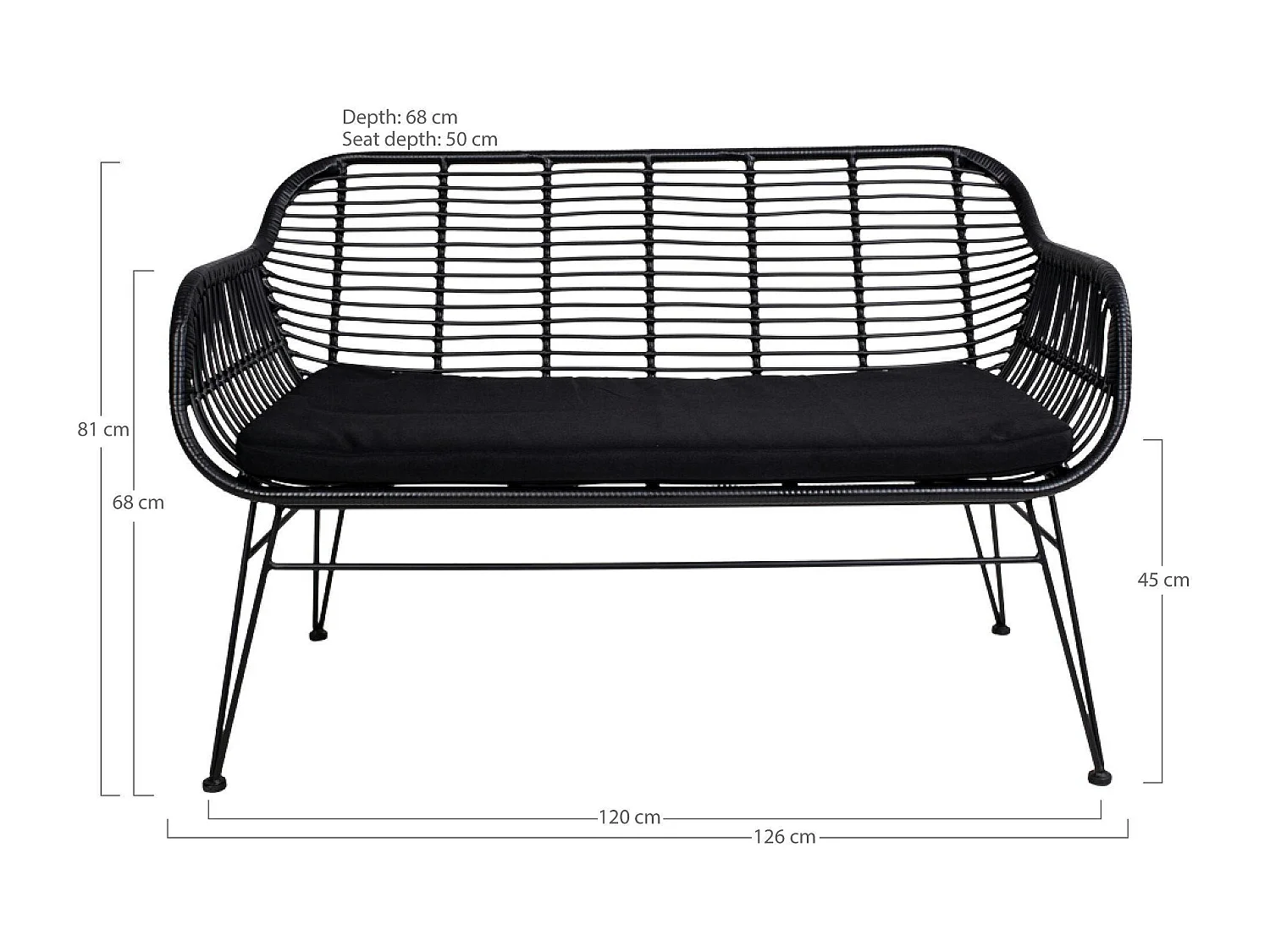 Canapé de jardin en résine tressée noire avec coussin d'assise noir IBIZA