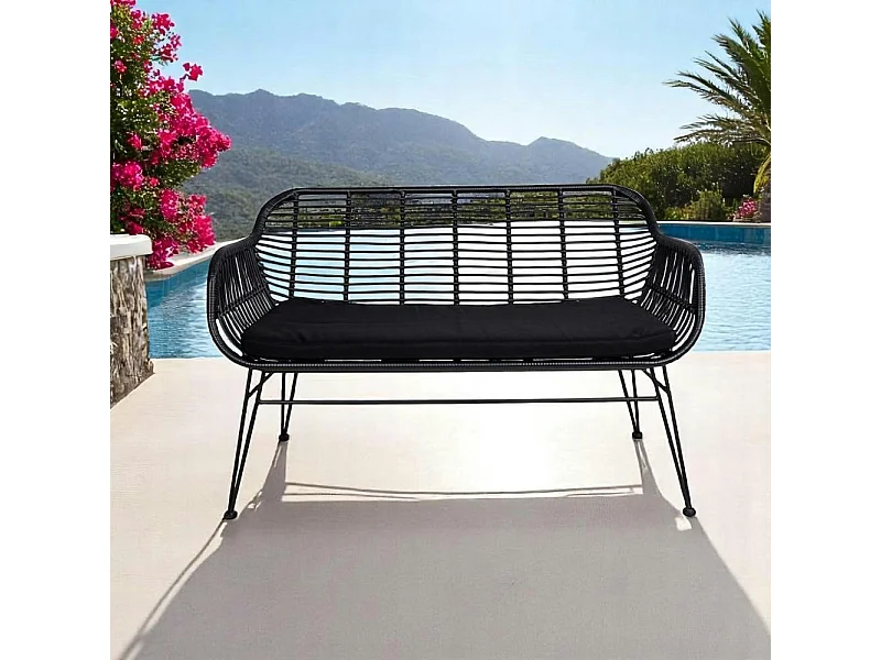 Canapé de jardin en résine tressée noire avec coussin d'assise noir IBIZA
