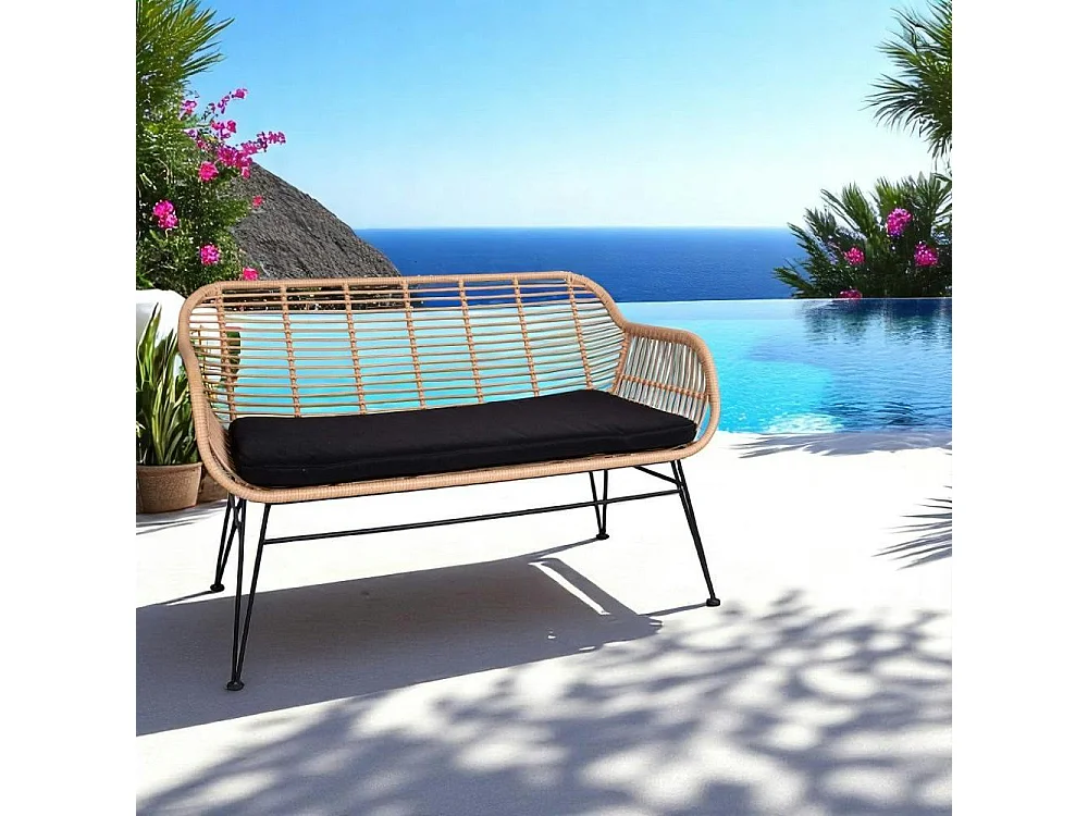 Canapé de jardin en résine tressée avec coussin d'assise noir IBIZA