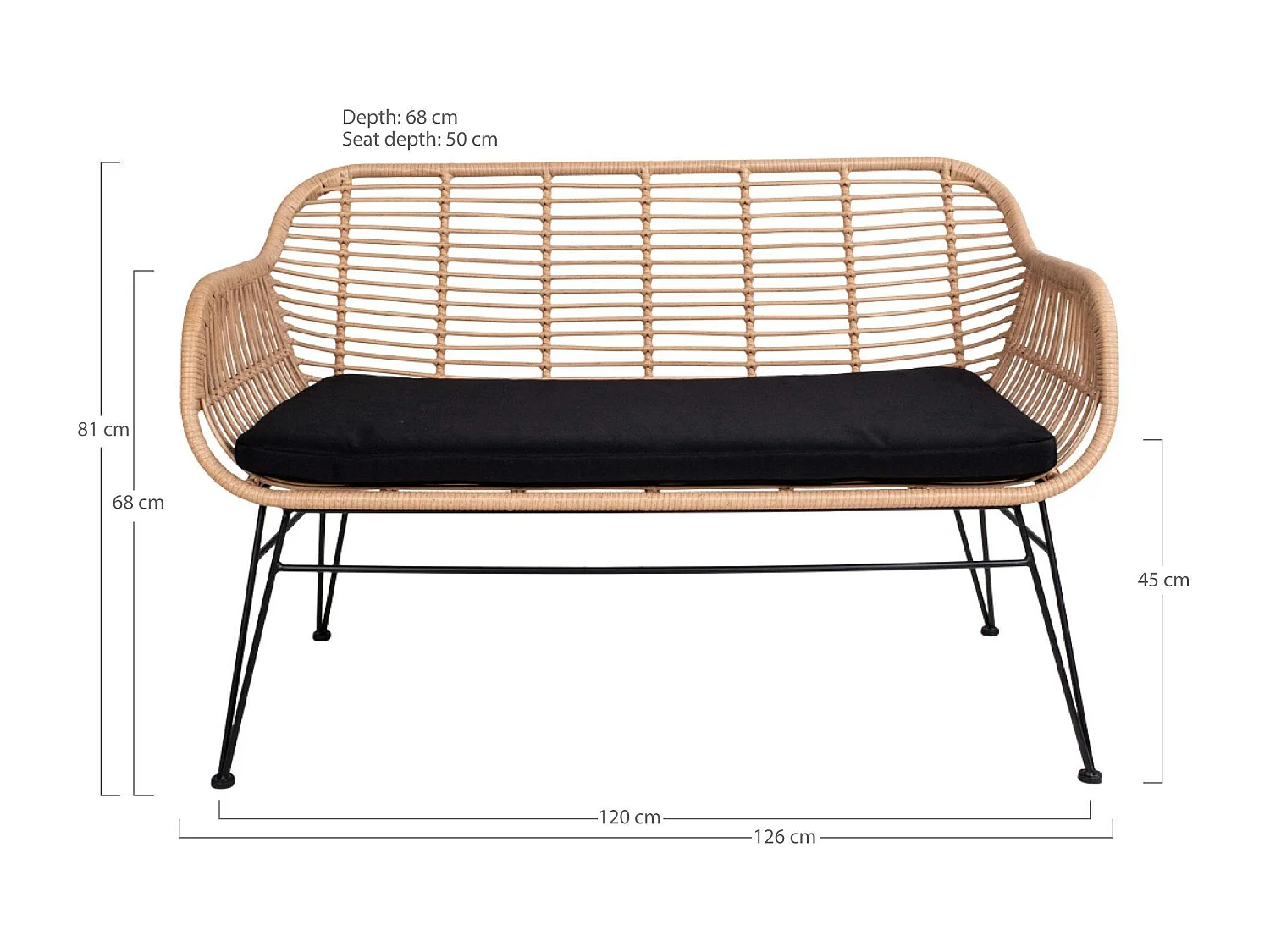 Canapé de jardin en résine tressée avec coussin d'assise noir IBIZA