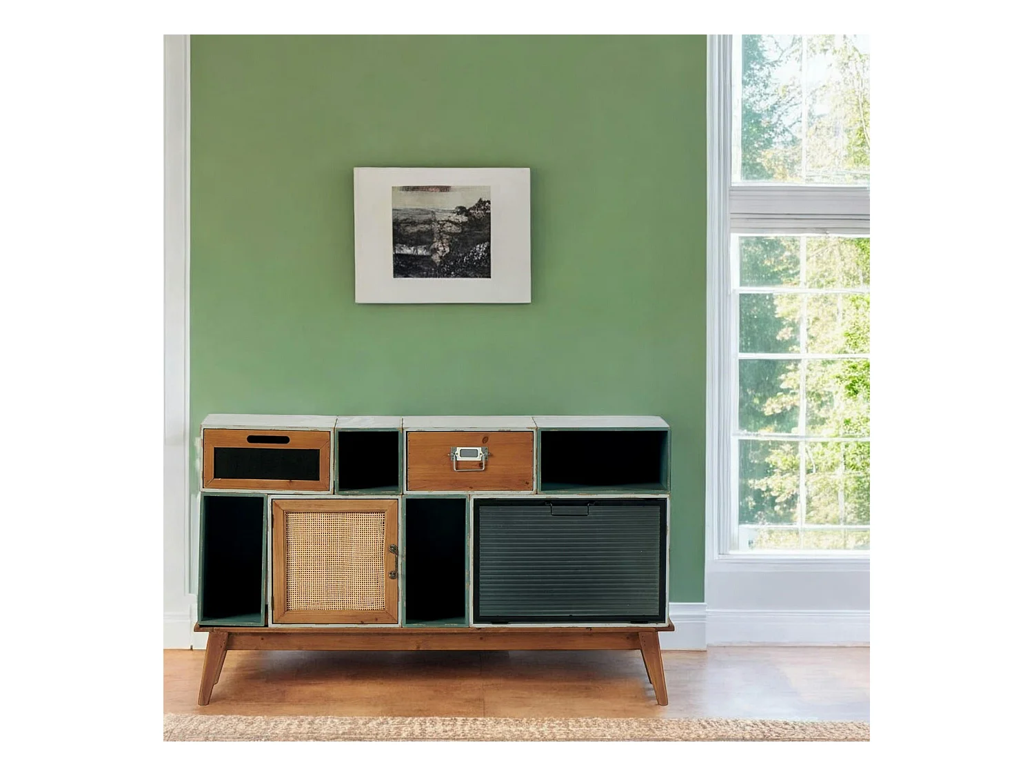 Commode bleue/verte 2 tiroirs 2 portes 4 niches LAMPHUN