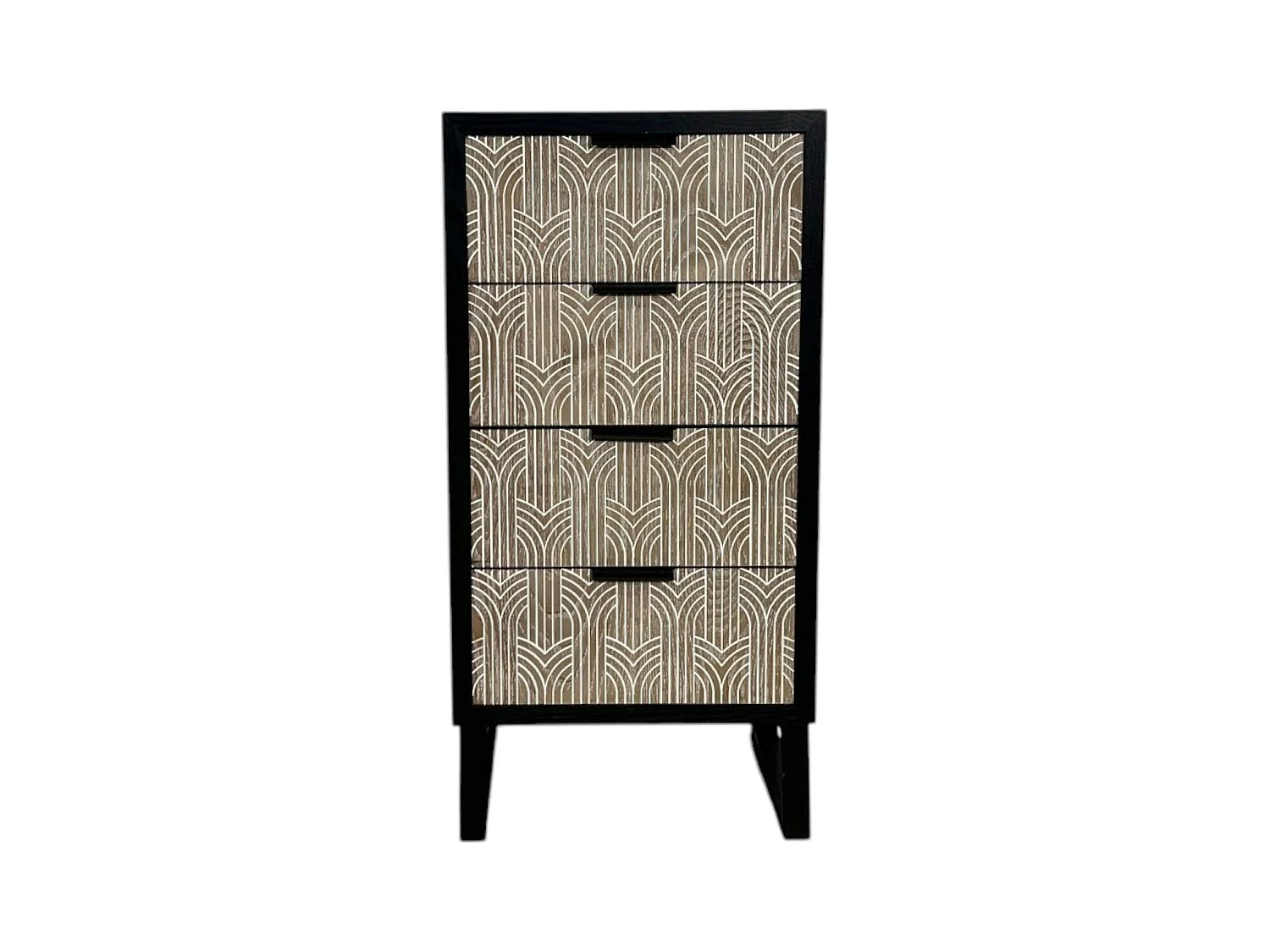 Commode 4 tiroirs bois et métal décor oriental