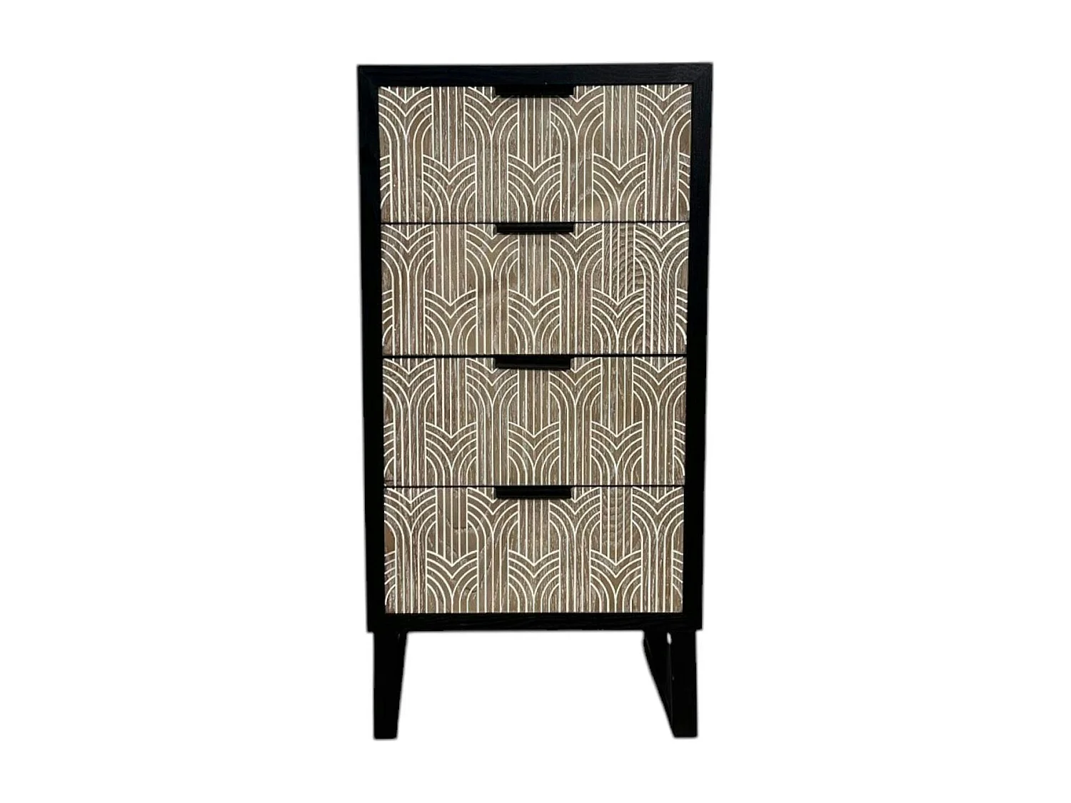 Commode 4 tiroirs bois et métal décor oriental