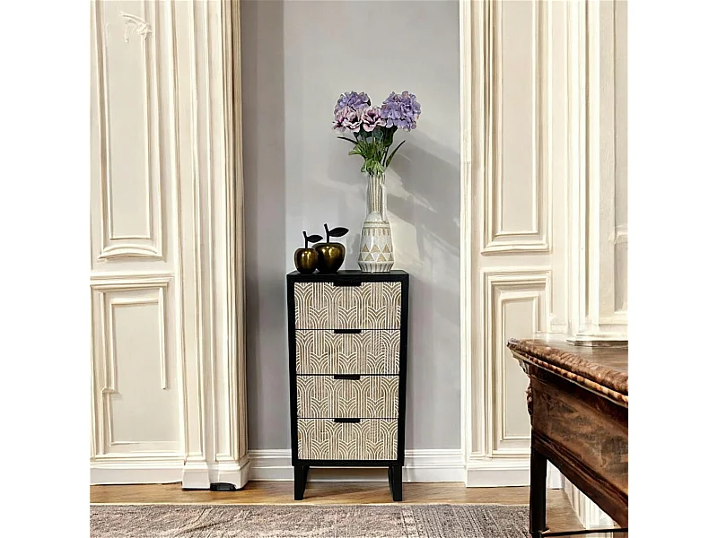 Commode 4 tiroirs bois et métal décor oriental