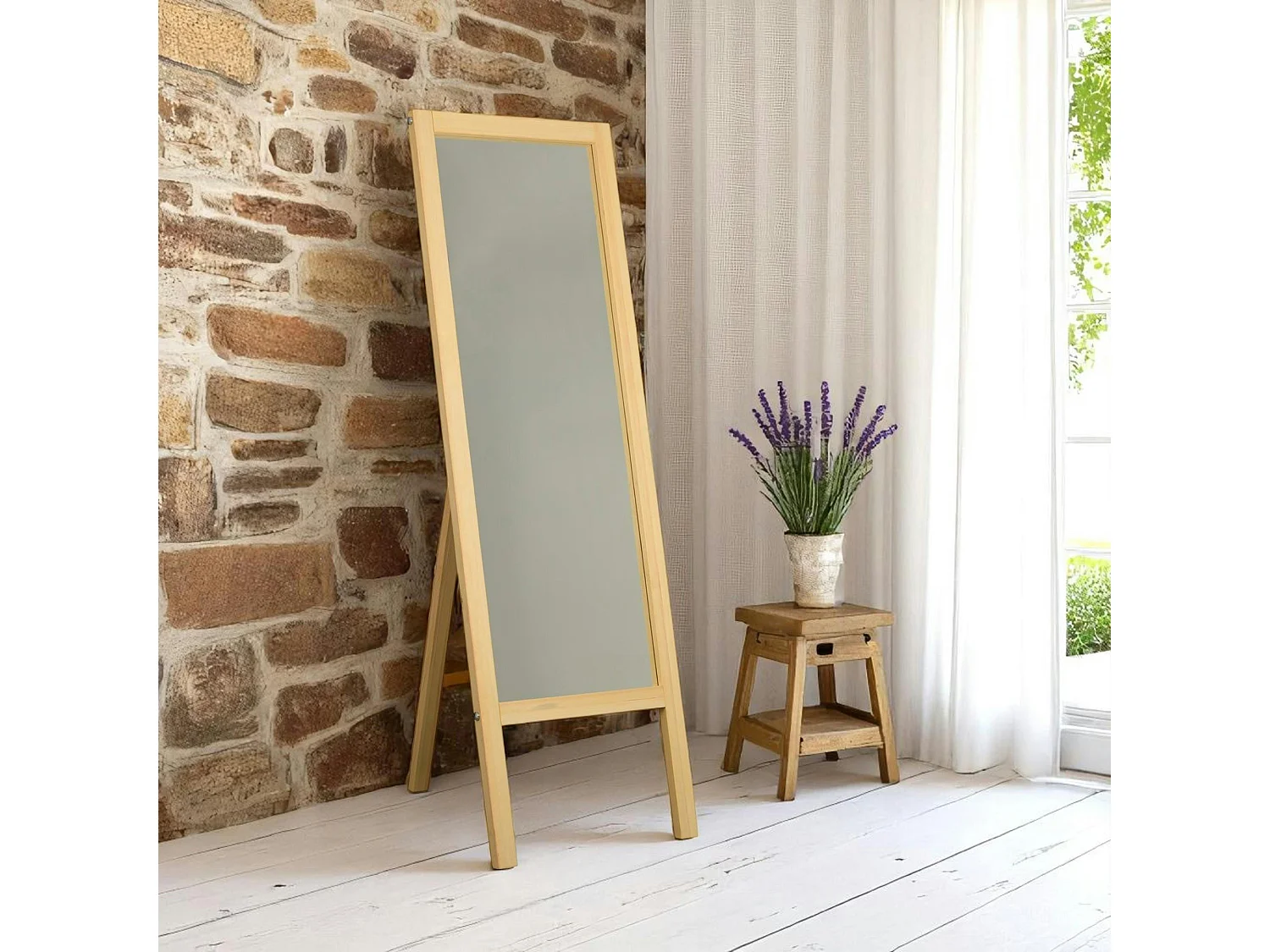 Miroir vertical sur pied - bois clair, 2 crochets HILO