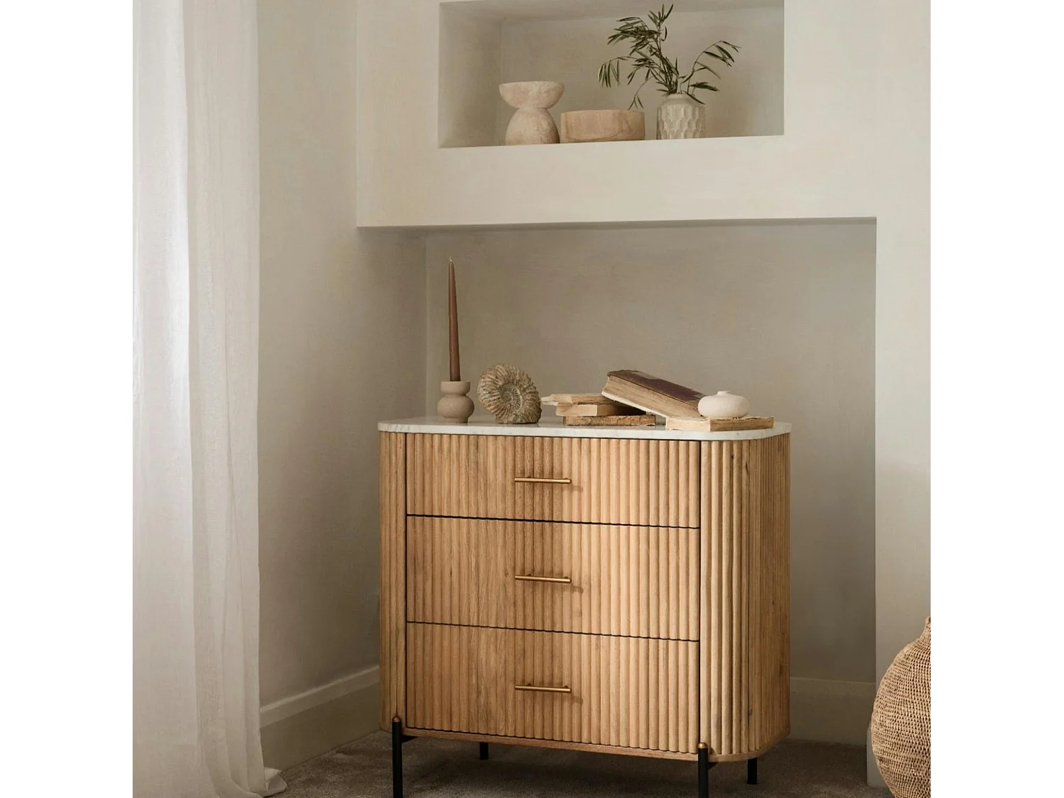 Commode en bois de manguier et marbre 3 tiroirs MASSA