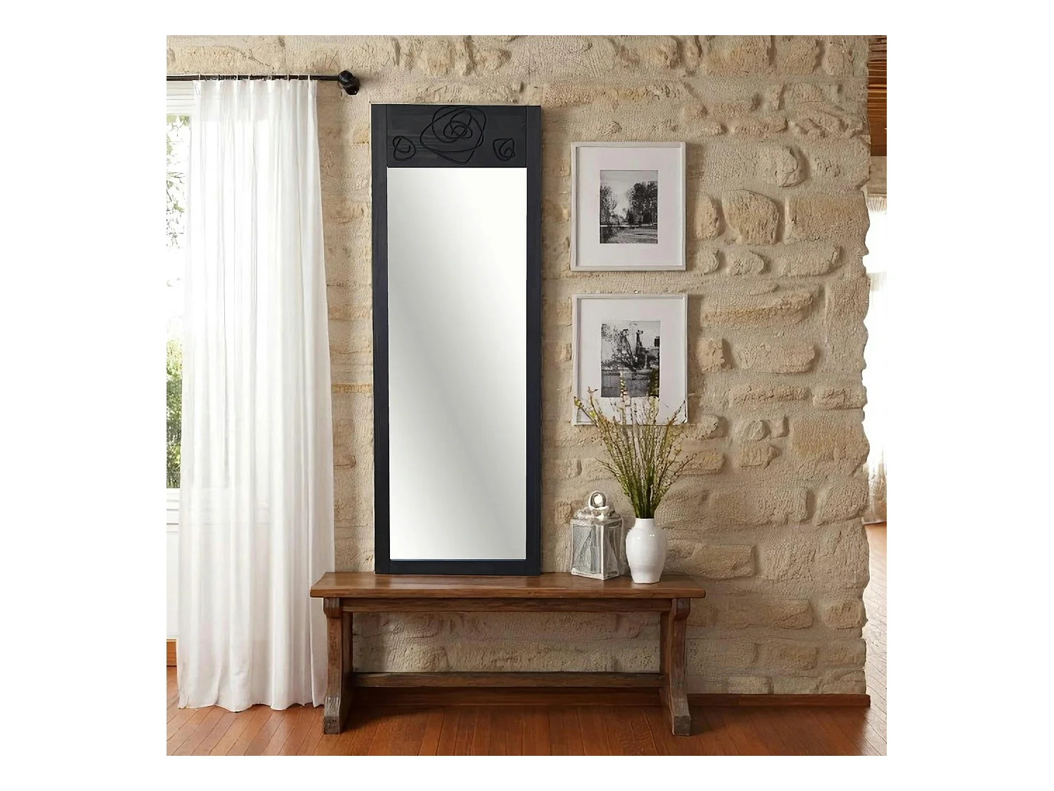 Miroir vertical en bois gris foncé - motif rose HILO