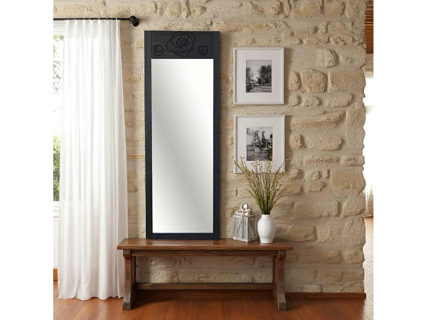 Miroir vertical en bois gris foncé - motif rose HILO