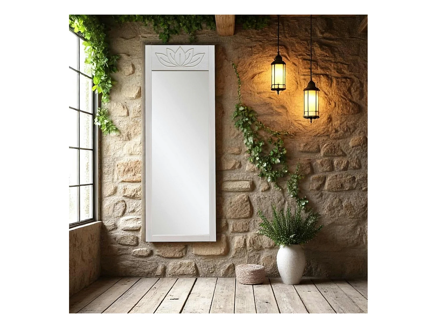 Miroir vertical blanc - motif lotus, 155 cm HILO