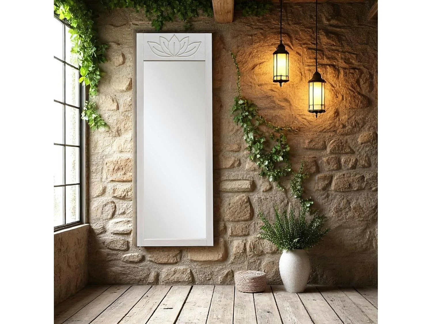 Miroir vertical blanc - motif lotus, 155 cm HILO
