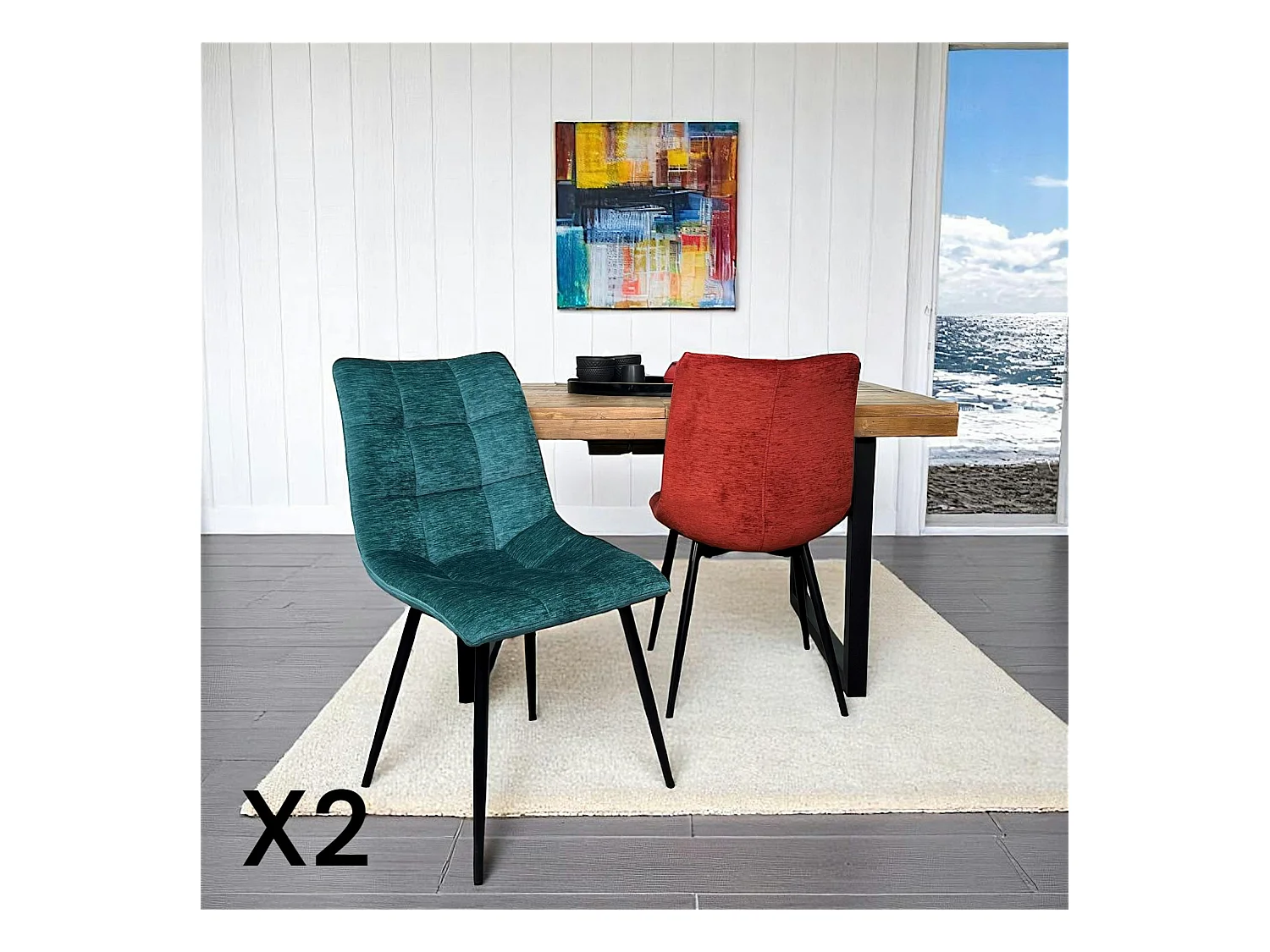 Chaise en velours lagon motif damier (lot de 2) PALERME